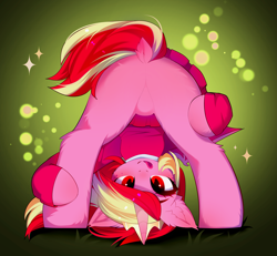 Size: 4073x3760 | Tagged: safe, artist:empress-twilight, derpibooru import, oc, oc only, oc:raspberries, alicorn, bat pony, bat pony alicorn, pony, bat pony alicorn oc, bat pony oc, bat wings, bipedal, blushing, butt, butt touch, cheek fluff, clothes, colored pupils, colored wings, commission, dock, dock fluff, ear fluff, ear tufts, ears, eye clipping through hair, eyebrows, eyebrows visible through hair, eyelashes, fangs, featureless crotch, female, female oc, freckles, gradient background, gradient ears, gradient eyes, gradient horn, gradient wings, high res, hock fluff, hoodie, hoof on butt, hoof on leg, horn, jewelry, looking at you, mare, mare oc, pink coat, pink hoodie, pink mane, pink skirt, pink tail, pleated skirt, plot, presenting, presenting butt, rear view, red eyes, red pupils, shiny mane, shiny tail, skirt, slit eyes, smiling, smiling at you, solo, sparkles, spread wings, standing, tail, three quarter view, tiara, tongue, tongue out, two toned mane, two toned tail, two toned wings, unicorn horn, wings, ych result