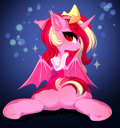 Size: 3359x3583 | Tagged: safe, artist:empress-twilight, derpibooru import, oc, oc only, oc:raspberries, alicorn, bat pony, bat pony alicorn, pony, bat pony alicorn oc, bat pony oc, bat wings, cheek fluff, clothes, colored pupils, colored wings, commission, dock, ear fluff, ear tufts, ears, eye clipping through hair, eyebrows, eyebrows visible through hair, eyelashes, fangs, featureless crotch, female, female oc, gradient background, gradient eyes, gradient wings, head turn, high res, hock fluff, hoodie, hoof fluff, horn, jewelry, looking at you, looking back, looking back at you, mare oc, pink coat, pink hoodie, pink mane, pink skirt, pink tail, pleated skirt, profile, red eyes, red pupils, shiny mane, shiny tail, skirt, slit eyes, smiling, smiling at you, solo, sparkles, spread legs, spread wings, spreading, tail, tiara, tongue, tongue out, two toned mane, two toned tail, two toned wings, underhoof, unicorn horn, wings, ych result