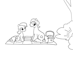 Size: 1000x800 | Tagged: safe, artist:queencold, derpibooru import, oc, oc only, earth pony, pony, basket, black and white, comic, duo, duo male and female, emanata, female, grayscale, male, mare, monochrome, no dialogue, picnic basket, picnic blanket, simple background, sitting, stallion, white background