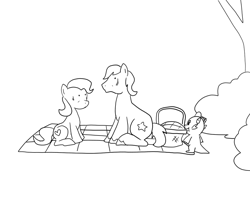 Size: 1000x800 | Tagged: safe, artist:queencold, derpibooru import, oc, oc only, dragon, earth pony, pony, baby, baby dragon, basket, black and white, comic, female, grayscale, looking at something, looking up, male, mare, monochrome, no dialogue, picnic basket, picnic blanket, pinpoint eyes, simple background, sitting, stallion, trio, white background