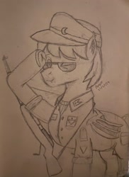 Size: 2672x3669 | Tagged: safe, artist:ponerr, derpibooru import, oc, oc:dusty eclipse, bat pony, bat pony oc, bat wings, clothes, ear fluff, ears, glasses, gun, male, signature, solo, uniform, uniform hat, weapon, wings