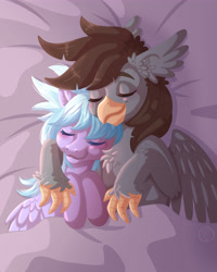 Size: 4000x5000 | Tagged: safe, artist:sharkita, derpibooru import, cloudchaser, oc, oc:luxor, classical hippogriff, hippogriff, pegasus, g4, bed, canon x oc, duo, eyes closed, hippogriff oc, hug, sleeping, sleeping together, wings