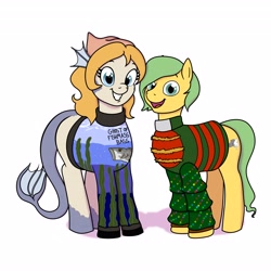 Size: 4096x4096 | Tagged: safe, artist:pony quarantine, derpibooru import, oc, oc only, oc:marina, earth pony, merpony, pony, christmas sweater, clothes, commission, duo, duo male and female, female, grin, husband and wife, looking at you, male, mare, married couple, open mouth, open smile, simple background, smiling, smiling at you, stallion, sweater, white background