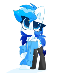 Size: 3184x3687 | Tagged: safe, artist:scarshine, derpibooru import, oc, oc only, oc:starly bottle, earth pony, blue eyes, blue mane, clothes, hoodie, light skin, simple background, solo, white background