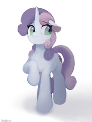 Size: 1536x2048 | Tagged: safe, artist:unclechai, derpibooru import, sweetie belle, pony, unicorn, g4, ears, female, floppy ears, horn, looking at something, mare, raised hoof, raised leg, simple background, solo