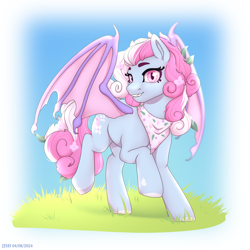 Size: 4134x4134 | Tagged: safe, artist:jjsh, derpibooru import, oc, oc only, bat pony, pony, bat pony oc, bat wings, fangs, female, gradient background, grass, handkerchief, head turn, high res, looking at you, mare, outdoors, raised hoof, raised leg, smiling, smiling at you, solo, teeth, wings