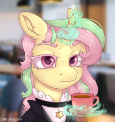 Size: 2894x3054 | Tagged: safe, artist:jjsh, derpibooru import, oc, oc only, pony, unicorn, blurry background, bust, clothes, colored eyebrows, colored eyelashes, colored pupils, costume, cup, cute face, ear fluff, ears, female, high res, horn, horn ring, indoors, looking at you, magic, magic aura, mare, pink eyelashes, pink pupils, portrait, real life background, ring, solo, teacup