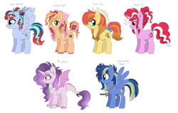 Size: 2650x1684 | Tagged: safe, artist:unoriginai, derpibooru import, oc, oc only, oc:baked apple, oc:chain lightning, oc:halve-it, oc:priceless, oc:shimmering blade, dracony, earth pony, hybrid, pegasus, pony, unicorn, adoptable, bandana, blue eyes, blush lines, blushing, bow, bracelet, braid, braided pigtails, bucktooth, cloven hooves, colored belly, colored hooves, colored pinnae, cowboy hat, cute, cute little fangs, cyan eyes, dreadlocks, ear piercing, earring, earth pony oc, eyebrow piercing, eyebrows, eyebrows visible through hair, eyeshadow, fangs, female, female oc, freckles, frown, golden eyes, gradient mane, gradient tail, green eyes, hair bun, hat, headkerchief, hooves, horn, interspecies offspring, jewelry, lidded eyes, makeup, mare, multicolored hair, necklace, offspring, parent:applejack, parent:big macintosh, parent:caramel, parent:flash sentry, parent:fluttershy, parent:pinkie pie, parent:pokey pierce, parent:rainbow dash, parent:rarity, parent:soarin', parent:spike, parent:twilight sparkle, parents:carajack, parents:flashlight, parents:fluttermac, parents:pokeypie, parents:soarindash, parents:sparity, pearl necklace, pegasus oc, piercing, pigtails, ponytail, round ears, scabbard, shiny hooves, simple background, slit eyes, spread wings, standing, striped mane, sugar pop, sword, tail, tail bow, tail tie, tail wrap, tongue, tongue out, unicorn oc, unshorn fetlocks, weapon, white background, wings