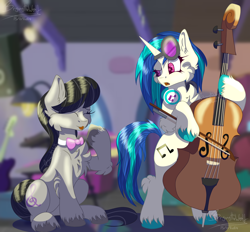 Size: 1500x1394 | Tagged: safe, artist:bryony6210, artist:bryonythewolf, derpibooru import, dj pon-3, octavia melody, vinyl scratch, earth pony, pony, unicorn, g4, bow (instrument), bowtie, cello, cheek fluff, chest fluff, duo, duo female, ear fluff, ears, eyes closed, female, hoof hold, horn, indoors, leg fluff, mare, musical instrument, octavia's bowtie, open mouth, raised hoof, raised leg, sitting, tail, unshorn fetlocks, vinyl's glasses, vinyl's headphones