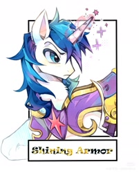 Size: 1440x1794 | Tagged: safe, artist:二惡英, derpibooru import, shining armor, pony, unicorn, g4, armor, bust, glowing, glowing horn, horn, male, portrait, simple background, solo, sparkles, stallion, white background