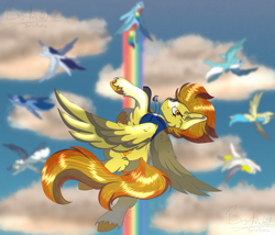 Size: 3895x3334 | Tagged: safe, artist:bryony6210, artist:bryonythewolf, derpibooru import, rainbow dash, spitfire, pegasus, pony, g4, cloud, female, flying, mare, outdoors, rainbow trail, sky, unshorn fetlocks