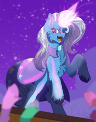 Size: 2528x3218 | Tagged: safe, artist:bryony6210, artist:bryonythewolf, derpibooru import, trixie, pony, unicorn, g4, brooch, cape, cheek fluff, chest fluff, clothes, ear fluff, ears, female, glowing, glowing horn, hatless, horn, jewelry, leg fluff, magic, magic aura, mare, missing accessory, night, night sky, open mouth, outdoors, rearing, sky, solo, stars, trixie's brooch, trixie's cape, unshorn fetlocks