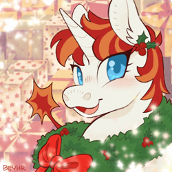 Size: 1500x1500 | Tagged: safe, artist:beyhr, derpibooru import, oc, oc only, oc:wow factor, pony, unicorn, blue eyes, blushing, christmas, ear fluff, ears, eye clipping through hair, eyelashes, female, holiday, holly, horn, icon, looking away, mare, open mouth, open smile, ponysona, profile picture, real life background, red mane, signature, smiling, solo, three quarter view, two toned mane, unicorn horn, unicorn oc, white coat, wide eyes, wreath