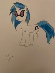 Size: 3024x4032 | Tagged: safe, artist:celestialflare, derpibooru exclusive, derpibooru import, dj pon-3, vinyl scratch, pony, unicorn, g4, female, horn, mare, simple background, smiling, solo, traditional art, white background