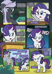 Size: 1920x2715 | Tagged: safe, artist:alexdti, derpibooru import, rarity, oc, oc:freako, oc:penumbra shard, pony, unicorn, comic:how we met (italian), g4, comic, crying, desk, female, filly, filly rarity, foal, horn, italian, purple mane, speech bubble, younger