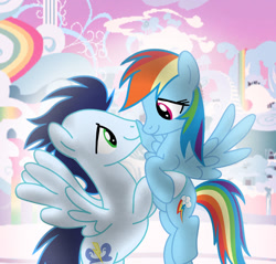 Size: 1280x1225 | Tagged: safe, artist:soarindasher10, derpibooru import, rainbow dash, soarin', pegasus, pony, female, looking at each other, looking at someone, male, mare, outdoors, shipping, smiling, smiling at each other, soarindash, stallion, straight