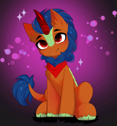 Size: 3807x4111 | Tagged: safe, artist:empress-twilight, derpibooru import, oc, oc only, oc:jack masters, kirin, bandana, blue mane, blue tail, cheek fluff, chest fluff, cloven hooves, colored hooves, colored pupils, commission, ear fluff, ears, fangs, gradient background, gradient eyes, green hooves, hooves, horn, kirin horn, leg fluff, leonine tail, neckerchief, red eyes, red pupils, shiny horn, shiny mane, shiny tail, shoulder fluff, sitting, sparkles, tail, unshorn fetlocks, ych result