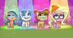 Size: 1080x566 | Tagged: safe, derpibooru import, screencap, buttershy, fancypants, earth pony, pegasus, pony, unicorn, g4, g4.5, my little pony: pony life, sportacular spectacular musical musak-ular, desert weave, female, horn, male, mare, orange zest, smiling, stallion