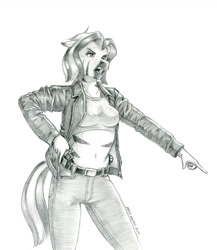 Size: 1130x1300 | Tagged: safe, artist:baron engel, derpibooru import, oc, oc only, oc:two tone, anthro, zebra, bare midriff, belly, belly button, breasts, clothes, denim, female, gun, handgun, jacket, jeans, leather, leather jacket, monochrome, pants, pencil drawing, pistol, pointing, simple background, solo, story included, tanktop, traditional art, weapon, white background