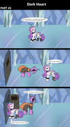 Size: 1920x3516 | Tagged: safe, artist:platinumdrop, derpibooru import, princess flurry heart, oc, alicorn, pony, unicorn, comic:dark heart, g4, 3 panel comic, alternate timeline, armor, bowing, clothes, collar, comic, commission, crystal, crystal castle, crystal empire, dark crystal, dialogue, duo, duo male and female, evil, evil flurry heart, eye scar, eyepatch, facial scar, female, folded wings, hallway, horn, indoors, looking at each other, looking at someone, male, mare, older, older flurry heart, robe, scar, smiling, smug, smug smile, speech bubble, spiked collar, spiked wristband, stallion, this will not end well, victorious villain, walking, wings, wristband