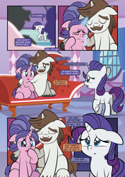 Size: 1920x2715 | Tagged: safe, artist:alexdti, derpibooru import, cookie crumbles, hondo flanks, rarity, pony, unicorn, comic:how we met, g4, blue eyes, brown mane, brown tail, concerned, crying, ear piercing, earring, ears, father and child, father and daughter, father and mother, female, filly, filly rarity, floppy ears, foal, horn, implied applejack, implied death, indoors, jewelry, looking at someone, male, mare, mother and child, mother and daughter, parent and child, piercing, pregnant, purple mane, purple tail, sad, sofa, stallion, tail, talking, this will end in tears, two toned mane, two toned tail, white coat, younger