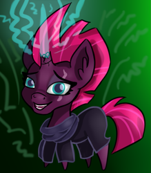 Size: 945x1080 | Tagged: safe, artist:jbond, derpibooru import, fizzlepop berrytwist, tempest shadow, pony, unicorn, g4, broken horn, cape, chibi, clothes, cute, eye scar, facial scar, female, green background, horn, lightning, mare, open mouth, scar, simple background, solo, tempestbetes