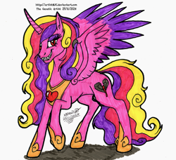 Size: 3551x3236 | Tagged: safe, artist:artistnjc, derpibooru import, princess cadance, oc, oc:bleeding heart, alicorn, pony, g4, colored, concave belly, corrupted, corrupted cadance, evil cadance, evil smile, looking at you, nightmare cadance, nightmarified, raised hoof, raised leg, red eyes, ruffled hair, slender, smiling, solo, spread wings, thin, traditional art, wings