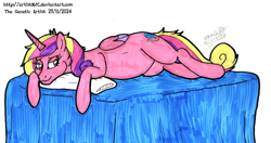 Size: 4433x2337 | Tagged: safe, artist:artistnjc, derpibooru import, princess cadance, alicorn, pony, g4, bed, bed hair, belly, belly button, female, lying down, lying on bed, mare, on bed, pillow, pregdance, pregnant, relaxing, round belly, sensibly-proportioned pregnancy, simple background, sleepy, smiling, solo, traditional art