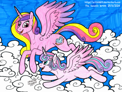 Size: 4277x3242 | Tagged: safe, artist:artistnjc, derpibooru import, princess cadance, princess flurry heart, alicorn, pony, g4, cloud, collarbone, colored, concave belly, duo, duo female, family, female, filly, filly flurry heart, flying, foal, happy, having fun, mare, mother and child, mother and daughter, older, older flurry heart, parent and child, sky, spread wings, sternocleidomastoid, traditional art, wings