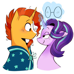 Size: 2000x2000 | Tagged: artist needed, source needed, safe, derpibooru import, starlight glimmer, sunburst, pony, unicorn, g4, duo, duo male and female, female, glasses, horn, looking at each other, looking at someone, male, mare, original art, shipping, simple background, stallion, starburst, straight, white background