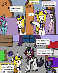 Size: 1256x1581 | Tagged: safe, artist:ask-luciavampire, derpibooru import, oc, oc:megumi hana, oc:rasazy nightlight, oc:stella violet, cat, cat pony, original species, pony, undead, vampire, vampony, werewolf, wolf, wolf pony, academy, comic, dorm room, yellow mane