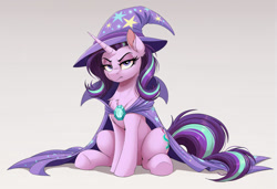 Size: 2104x1440 | Tagged: safe, ai content, derpibooru exclusive, derpibooru import, machine learning generated, starlight glimmer, pony, unicorn, g4, cape, chest fluff, clothes, ear fluff, ears, female, generator:zoinksnoob, hat, horn, lidded eyes, looking at you, mare, prompter:siber, simple background, sitting, solo, trixie's cape, trixie's hat, unamused, white background