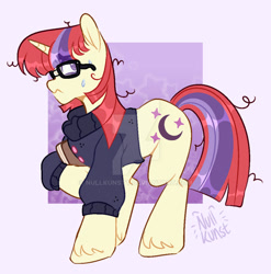 Size: 1024x1038 | Tagged: safe, artist:nullkunst, artist:nullkunstt, derpibooru import, moondancer, pony, unicorn, g4, book, clothes, deviantart watermark, female, frazzled hair, glasses, hoof hold, horn, mare, obtrusive watermark, passepartout, signature, solo, sweat, sweatdrop, sweater, watermark