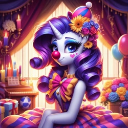 Size: 1024x1024 | Tagged: safe, ai content, derpibooru import, generator:bing image creator, generator:dall-e 3, machine learning generated, rarity, anthro, unicorn, g4, arm hooves, balloon, bowtie, candle, clothes, clown, clown nose, curtains, female, flower, flower in hair, hat, horn, indoors, mare, musical instrument, piano, prompter:heydude5321, red nose, solo