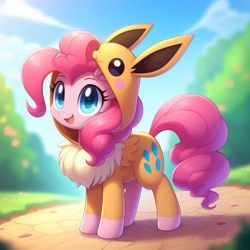 Size: 1024x1024 | Tagged: safe, ai content, derpibooru import, machine learning generated, pinkie pie, earth pony, pony, g4, clothes, costume, eevee, female, outdoors, pokémon, prompter:bluey2309