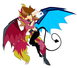 Size: 4300x3800 | Tagged: safe, artist:vitaltoast, derpibooru exclusive, derpibooru import, sunset satan, sunset shimmer, oc, oc:flamera, demon, human, equestria girls, g4, black sclera, canon x oc, cuddling, demon form, demon horns, demon wings, devil tail, duo, fangs, female, flameset, horns, hug, humanized, lesbian, sharp teeth, shipping, simple background, slit eyes, smiling, tail, teeth, transparent background, wings