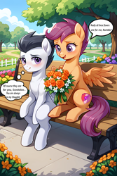 Size: 3072x4608 | Tagged: source needed, safe, ai content, derpibooru import, machine learning assisted, machine learning generated, rumble, scootaloo, pegasus, pony, g4, bench, blushing, cloud, female, flower, male, outdoors, prompter:the emissary, ship:rumbloo, shipping, straight, tree