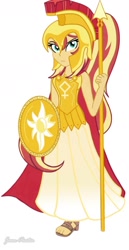 Size: 791x1536 | Tagged: safe, artist:jenna56, derpibooru import, sunset shimmer, human, equestria girls, g4, athena, greek mythology, helmet, shield, simple background, solo, spear, weapon, white background