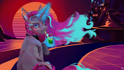 Size: 2560x1440 | Tagged: safe, artist:krapinkaius, derpibooru import, oc, oc only, bat pony, hybrid, pony, unicorn, bat pony oc, bat pony unicorn, canterlot, choker, commission, cyberpunk, drink, drinking, ear piercing, ear tufts, earring, error, flowing mane, glasses, glitch, grid, horn, jewelry, looking at you, magic, mountain, piercing, retrowave, road, scenery, shutter shades, sitting, straw, sun, sunglasses, sunset, synthwave, telekinesis, unicorn oc