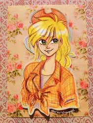 Size: 2256x2991 | Tagged: safe, artist:dariarchangel, derpibooru import, applejack, human, g4, applejack's hat, bangs, beautiful, blonde, blonde hair, bust, clothes, cowboy hat, cute, cute face, cute smile, eyebrows, eyebrows visible through hair, female, flannel shirt, flower, freckles, front knot midriff, green eyes, hat, human coloration, humanized, jackabetes, long bangs, messy hair, midriff, patterned background, photo, portrait, pretty, shirt, sketch, smiling, smirk, solo, stetson, t-shirt, traditional art, woman