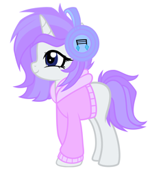 Size: 3256x3416 | Tagged: safe, artist:tkn297, derpibooru import, oc, oc:pastel note, pony, unicorn, clothes, female, headphones, hoodie, horn, mare, parents:rariscratch, solo