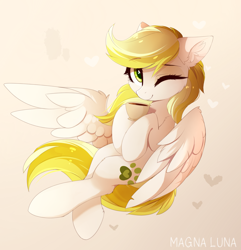 Size: 2945x3057 | Tagged: safe, artist:magnaluna, derpibooru import, oc, oc only, oc:dandelion blossom, pegasus, pony, cheek fluff, coffee, coffee cup, cup, ear fluff, ears, eyebrows, eyebrows visible through hair, female, flying, heart, high res, looking at you, mare, one eye closed, pegasus oc, smiling, smiling at you, solo, spread wings, tail, wings, wink, winking at you