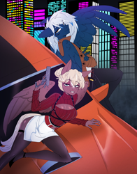 Size: 3090x3937 | Tagged: safe, artist:tomi_ouo, derpibooru import, oc, oc:frost spanner, oc:penny banks, anthro, pegasus, anime reference, blonde, blonde hair, blue eyes, blue fur, car, city, cityscape, clothes, cyberpunk, female, food, gun, high heels, jacket, leather, leather jacket, looking at you, lying down, male, mare, maroon, miniskirt, night, orange, riding bean, shoes, shoulder holster, skirt, stallion, sweater, sword, weapon, white mane