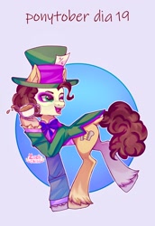 Size: 1984x2880 | Tagged: safe, artist:zackchibi, derpibooru import, cheese sandwich, earth pony, pony, g4, alice in wonderland, clothes, costume, cup, halloween, halloween costume, hat, mad hatter, makeup, male, one eye closed, open mouth, open smile, ponytober, ponytober 2024, signature, smiling, solo, stallion, teacup, top hat, wink