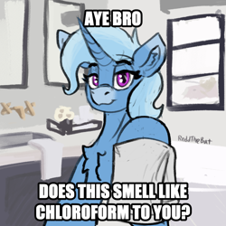 Size: 1066x1068 | Tagged: safe, artist:reddthebat, derpibooru import, trixie, pony, unicorn, g4, bathroom, chest fluff, chloroform, ear fluff, ears, facial markings, female, horn, indoors, lidded eyes, looking at you, mare, mealy mouth (coat marking), rag, smiling, smiling at you, solo, text