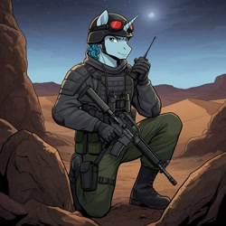 Size: 1024x1024 | Tagged: safe, ai content, derpibooru import, machine learning generated, party favor, anthro, plantigrade anthro, series:g.i. pony: a real equestrian hero, g4, assault rifle, body armor, clothes, cosplay, costume, desert, g.i. joe, generator:google imagen 3.0, gun, helmet, kneeling, male, military uniform, moon, night, night force, outdoors, prompter:zerowinger, rifle, rock, smiling, sneak peek (gi joe), solo, uniform, walkie talkie, weapon