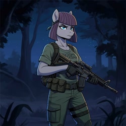 Size: 1024x1024 | Tagged: safe, ai content, derpibooru import, machine learning generated, maud pie, anthro, earth pony, series:g.i. pony: a real equestrian hero, g4, assault rifle, clothes, cosplay, costume, fatigues, female, forest, g.i. joe, generator:google imagen 3.0, gloves, gun, nature, night, night force, outback, outdoors, prompter:zerowinger, rifle, shirt, solo, t-shirt, tree, weapon