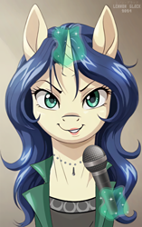 Size: 678x1078 | Tagged: safe, artist:lennonblack, derpibooru import, pony, unicorn, clothes, etsuko yamanobe, female, glowing, glowing horn, hana no joshi announcer:newscaster etsuko, horn, jewelry, lipstick, magic, mare, microphone, necklace, newscaster, ponified, signature, smiling, smirk, solo, species swap, telekinesis