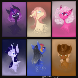 Size: 1900x1900 | Tagged: safe, artist:missme4theway, derpibooru import, applejack, fluttershy, pinkie pie, rainbow dash, rarity, twilight sparkle, earth pony, pegasus, pony, unicorn, bobcut, bust, female, horn, mane six, mare, portrait, redesign, short hair, signature