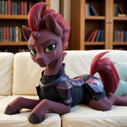 Size: 1024x1024 | Tagged: safe, ai content, derpibooru import, machine learning generated, tempest shadow, pony, unicorn, g4, anonymous prompter, armor, book, bookshelf, broken horn, clothed ponies, female, fit, horn, indoors, looking at you, lying down, mare, prone, side view, slender, sofa, solo, sploot, thin